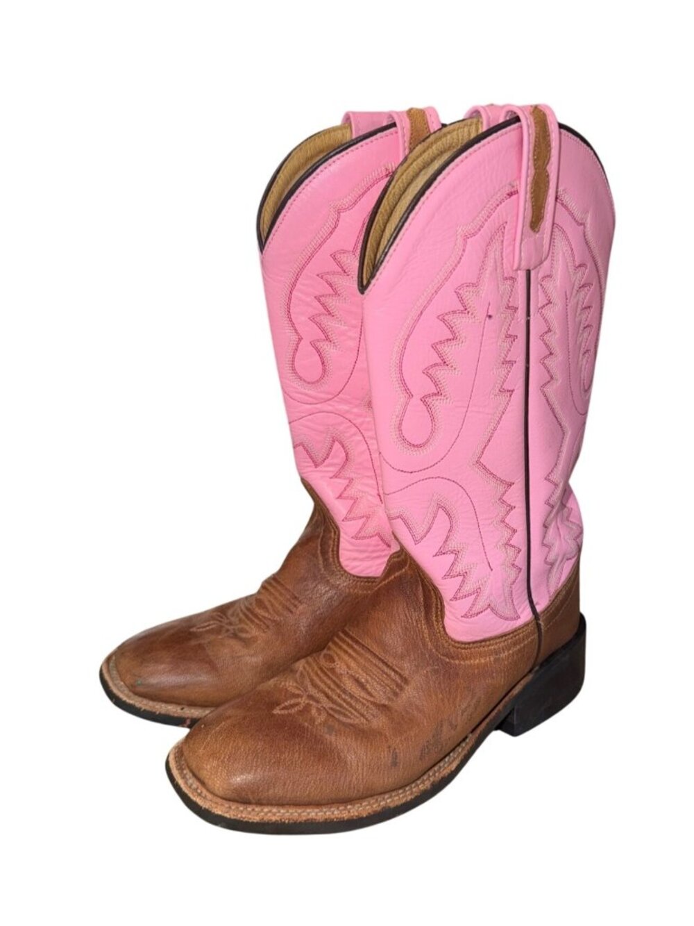 Old West Kids Pink Brown Western Cowboy Boots Leather Youth 5 BSL1839 Cowgirl
